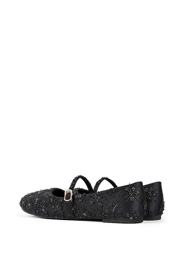 Black Satin Cutdana Embroidered Ballerina Flats by Anaar at Pernia's Pop Up Shop