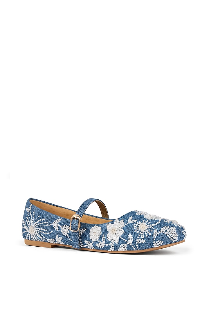 Blue Denim Floral Embroidered Ballerina Flats by Anaar at Pernia's Pop Up Shop
