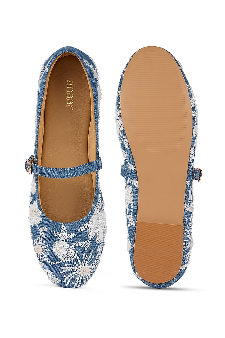 Blue Denim Floral Embroidered Ballerina Flats by Anaar at Pernia's Pop Up Shop