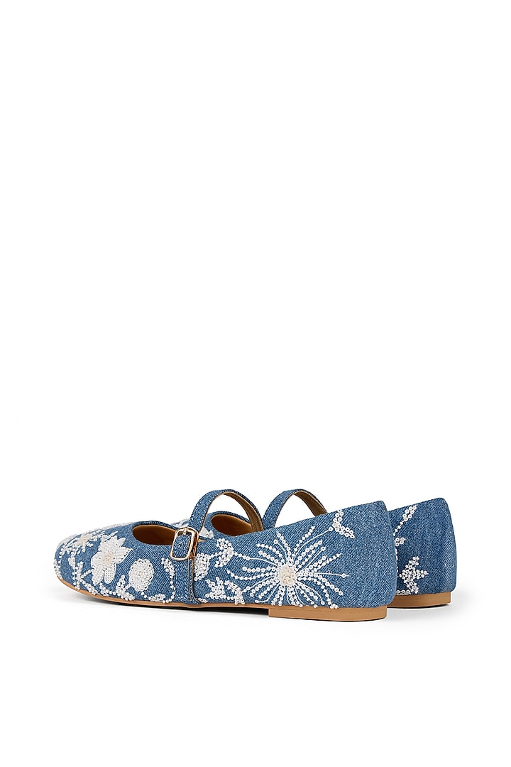 Blue Denim Floral Embroidered Ballerina Flats by Anaar at Pernia's Pop Up Shop