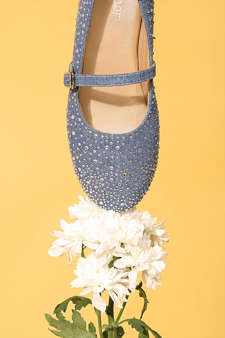 Blue Denim Embellished Ballerina Flats by Anaar at Pernia's Pop Up Shop