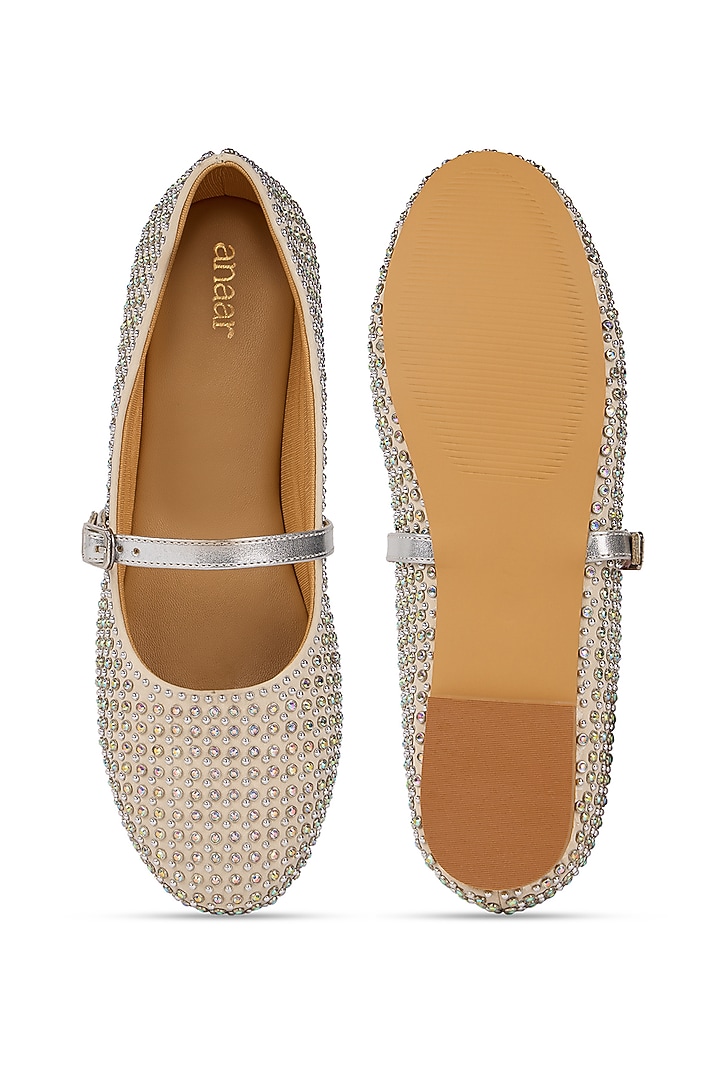 Beige Faux Leather Embellished Ballerina Flats by Anaar at Pernia's Pop Up Shop