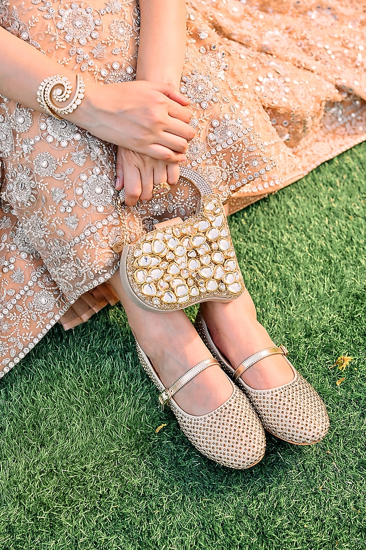 Gold Faux Leather Diamond Embellished Ballerina Flats by Anaar at Pernia's Pop Up Shop