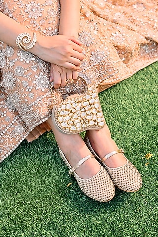 Gold Faux Leather Diamond Embellished Ballerina Flats by Anaar