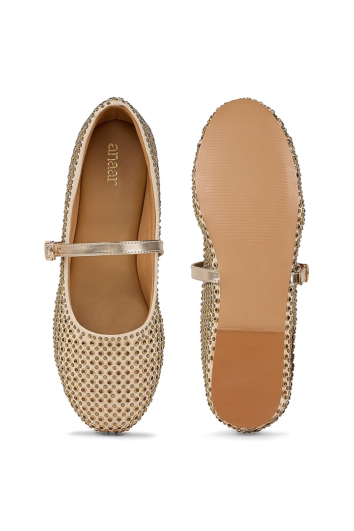 Gold Faux Leather Diamond Embellished Ballerina Flats by Anaar at Pernia's Pop Up Shop