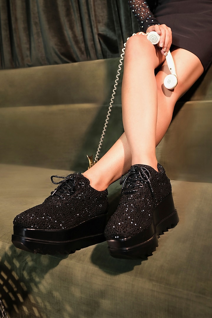 Black Microsuede Embellished Sneakers by Anaar at Pernia's Pop Up Shop