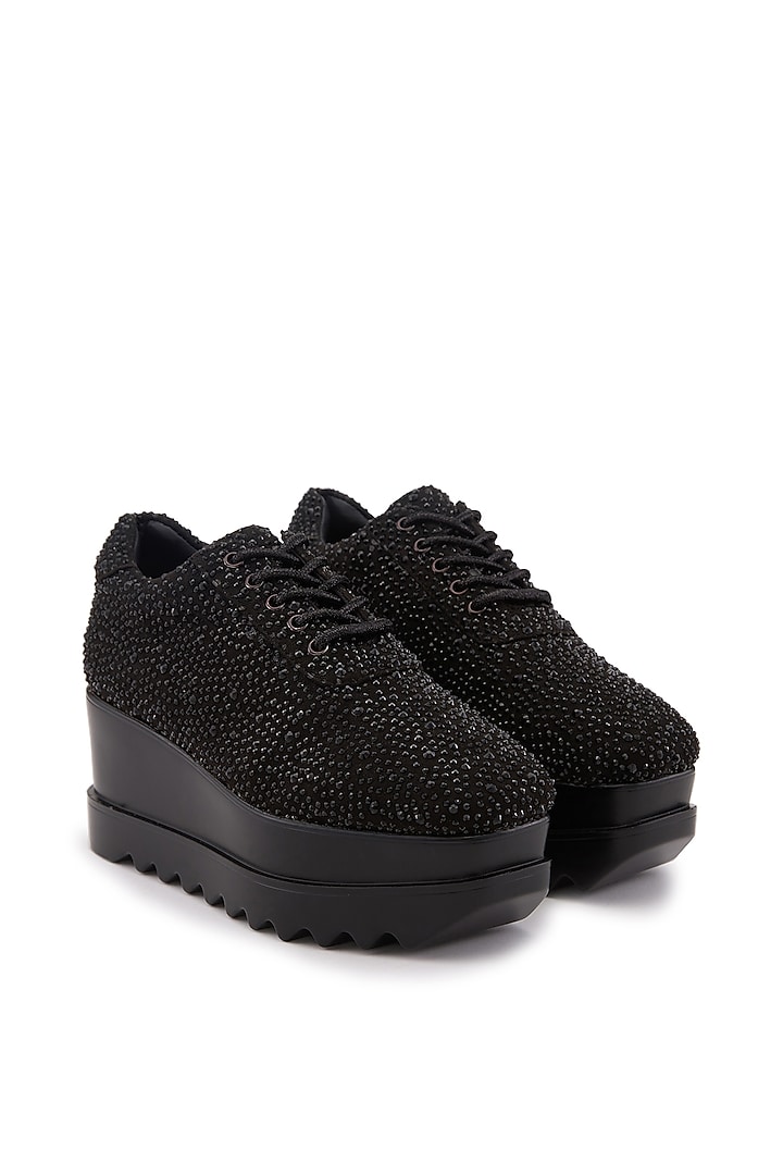 Black Microsuede Embellished Sneakers by Anaar at Pernia's Pop Up Shop