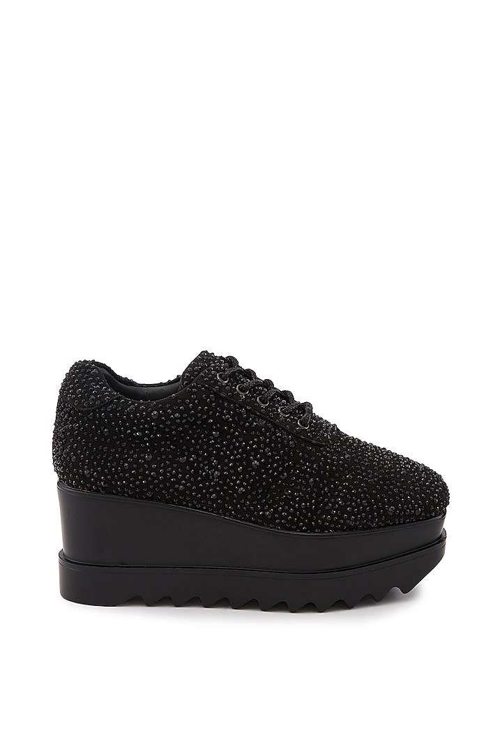 Black Microsuede Embellished Sneakers by Anaar at Pernia's Pop Up Shop