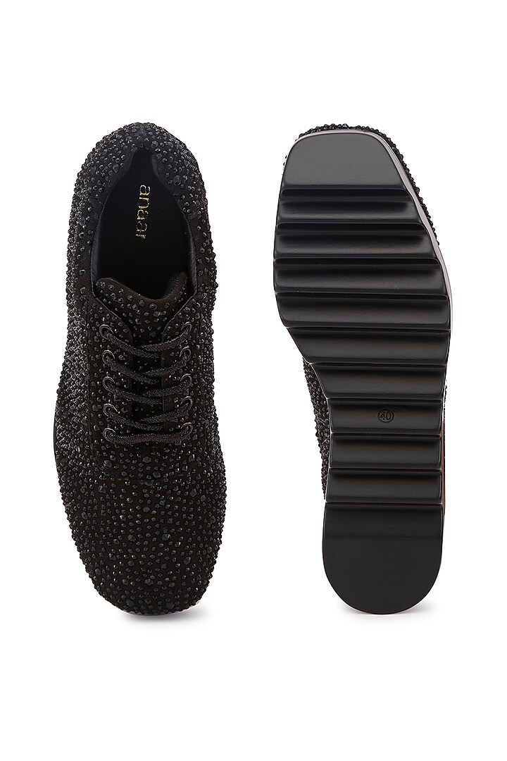 Black Microsuede Embellished Sneakers by Anaar at Pernia's Pop Up Shop
