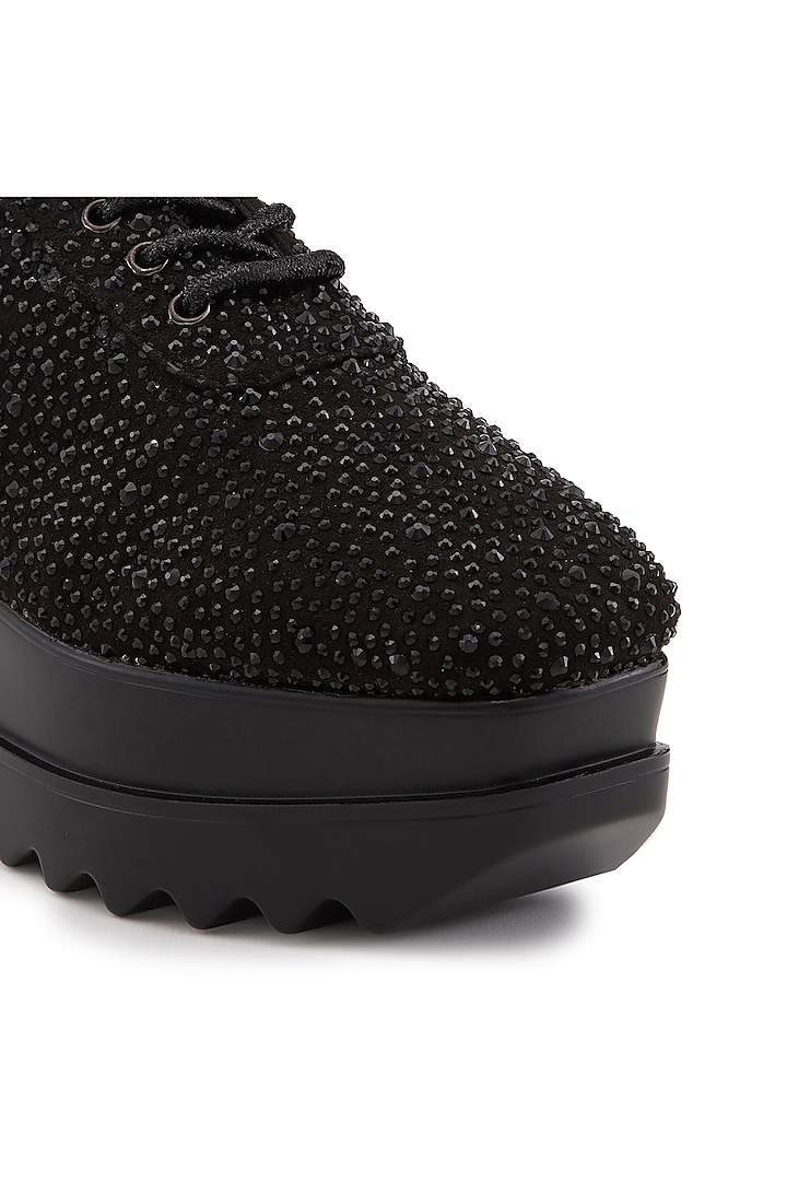 Black Microsuede Embellished Sneakers by Anaar at Pernia's Pop Up Shop