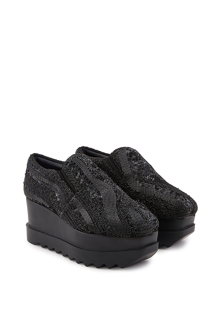 Black Microsuede Embellished Sneakers by Anaar at Pernia's Pop Up Shop