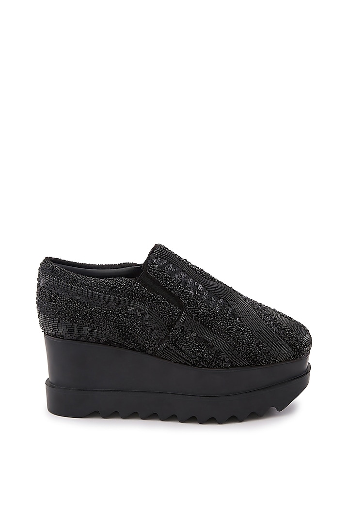 Black Microsuede Embellished Sneakers by Anaar at Pernia's Pop Up Shop
