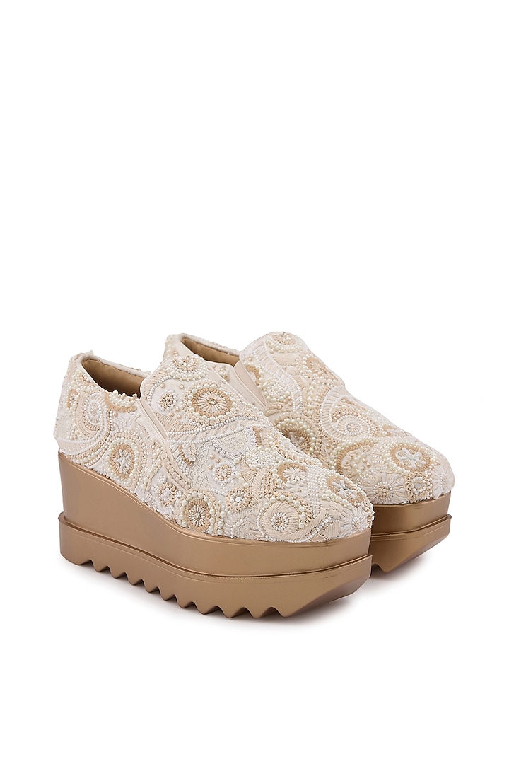Beige Satin Hand Embroidered Sneakers by Anaar at Pernia's Pop Up Shop