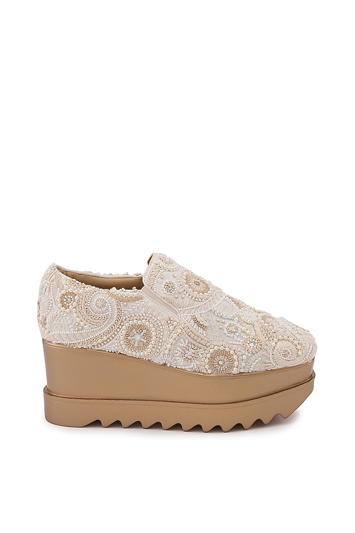 Beige Satin Hand Embroidered Sneakers by Anaar at Pernia's Pop Up Shop