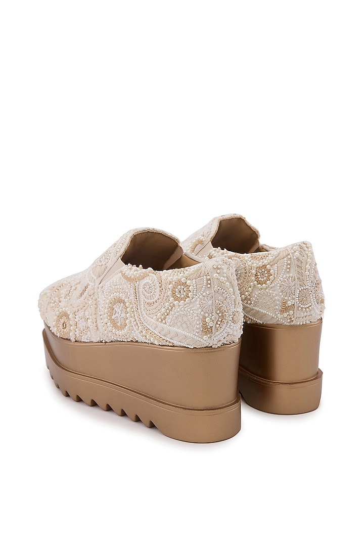 Beige Satin Hand Embroidered Sneakers by Anaar at Pernia's Pop Up Shop