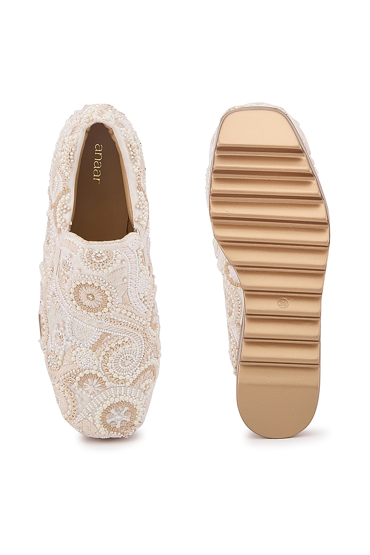 Beige Satin Hand Embroidered Sneakers by Anaar at Pernia's Pop Up Shop