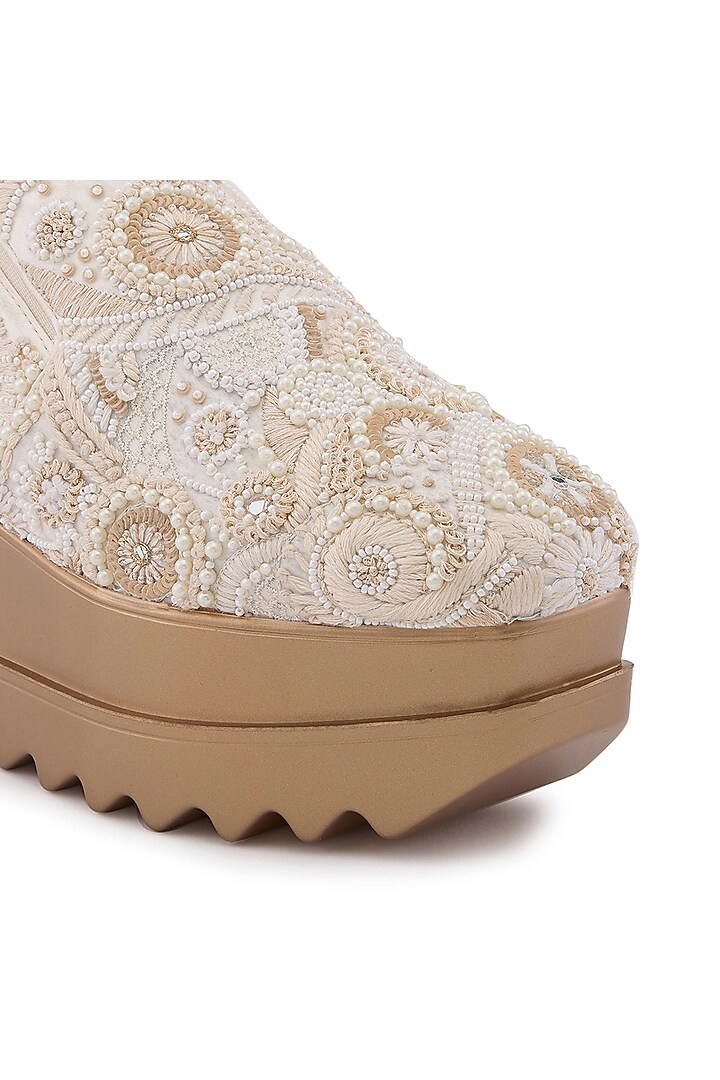Beige Satin Hand Embroidered Sneakers by Anaar at Pernia's Pop Up Shop