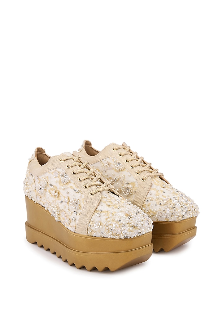 Off-White Satin & Lace Hand Embroidered Sneakers by Anaar at Pernia's Pop Up Shop
