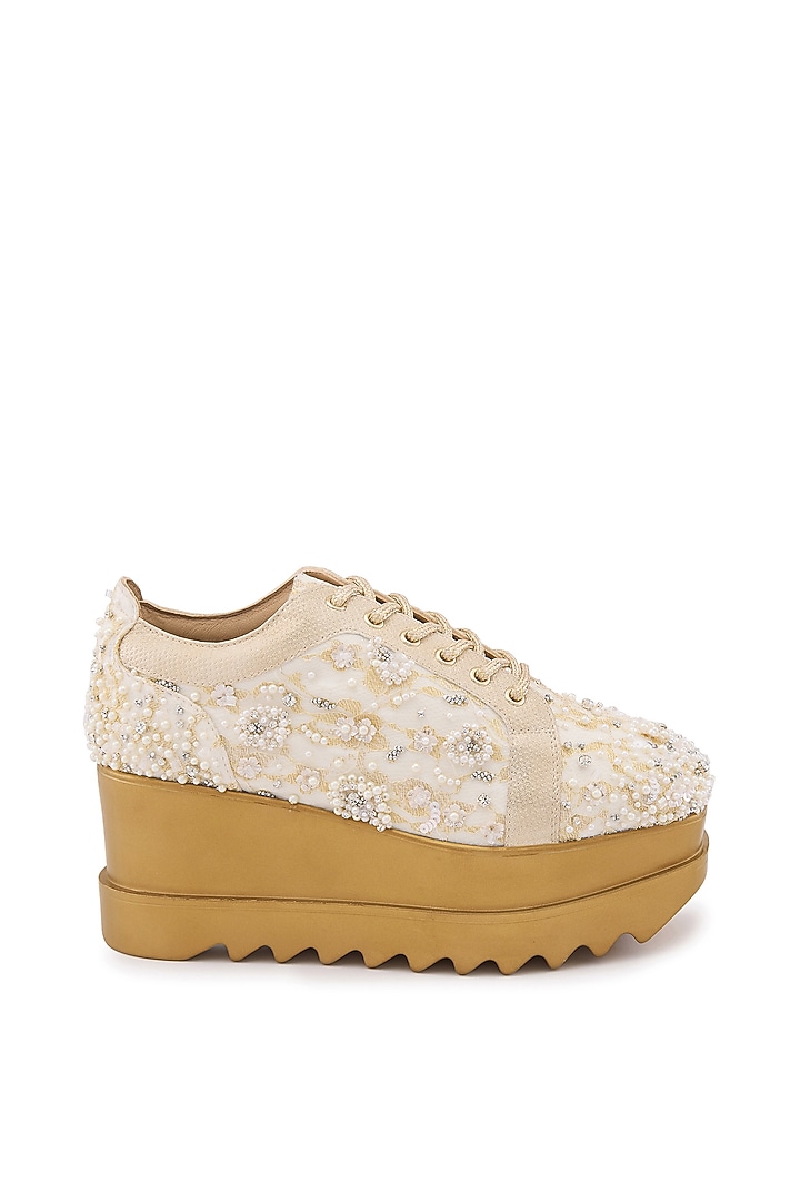Off-White Satin & Lace Hand Embroidered Sneakers by Anaar at Pernia's Pop Up Shop