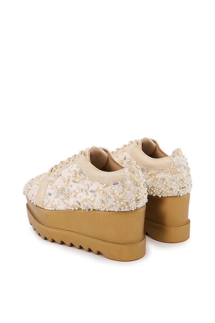 Off-White Satin & Lace Hand Embroidered Sneakers by Anaar at Pernia's Pop Up Shop
