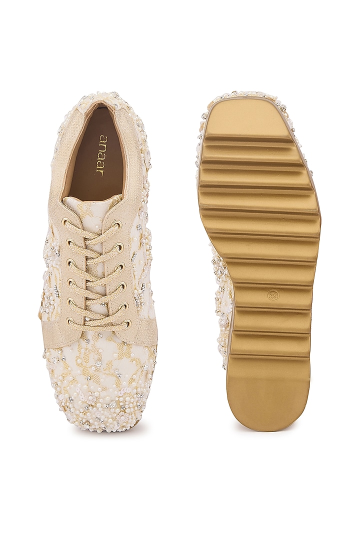 Off-White Satin & Lace Hand Embroidered Sneakers by Anaar at Pernia's Pop Up Shop