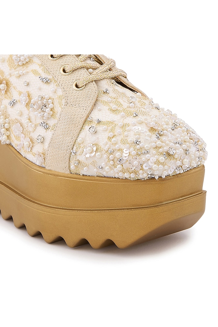 Off-White Satin & Lace Hand Embroidered Sneakers by Anaar at Pernia's Pop Up Shop