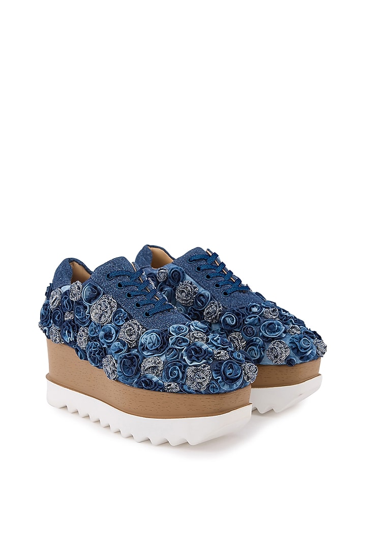 Blue Denim Hand Embroidered Sneakers by Anaar at Pernia's Pop Up Shop
