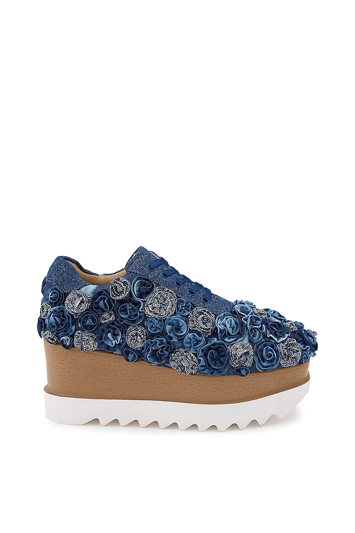 Blue Denim Hand Embroidered Sneakers by Anaar at Pernia's Pop Up Shop
