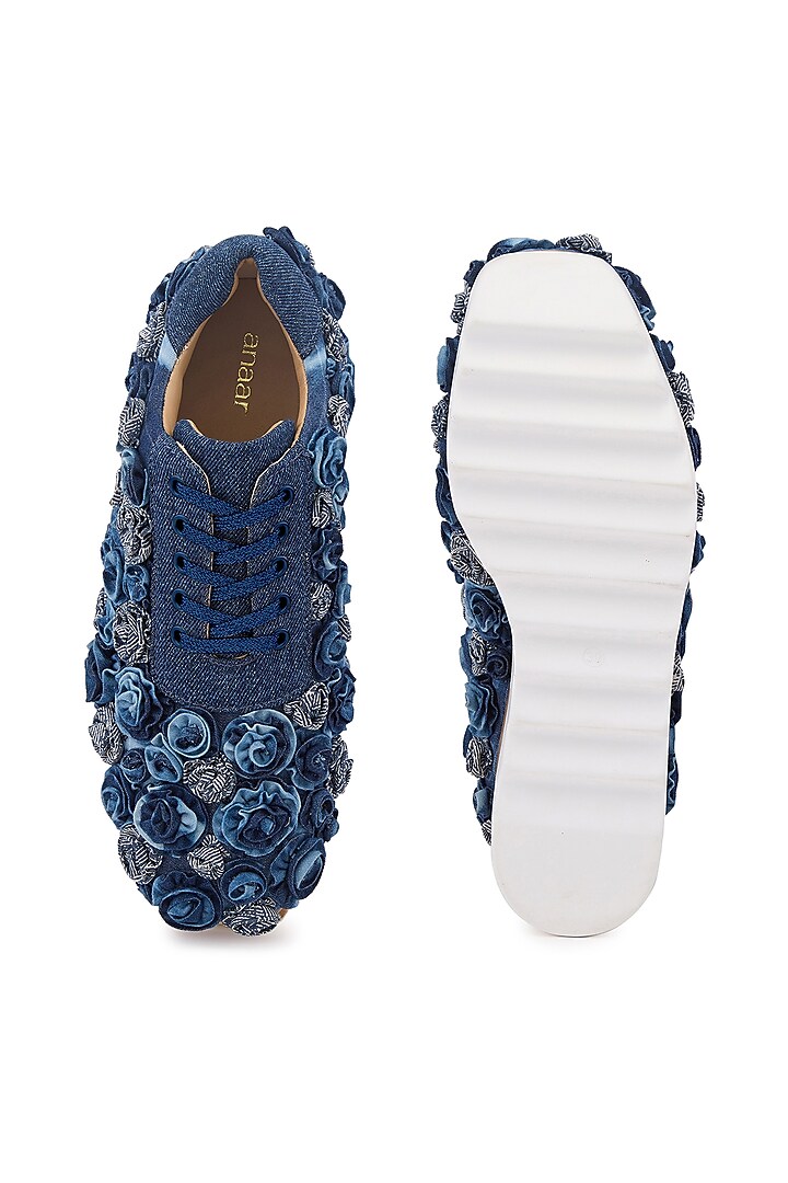 Blue Denim Hand Embroidered Sneakers by Anaar at Pernia's Pop Up Shop