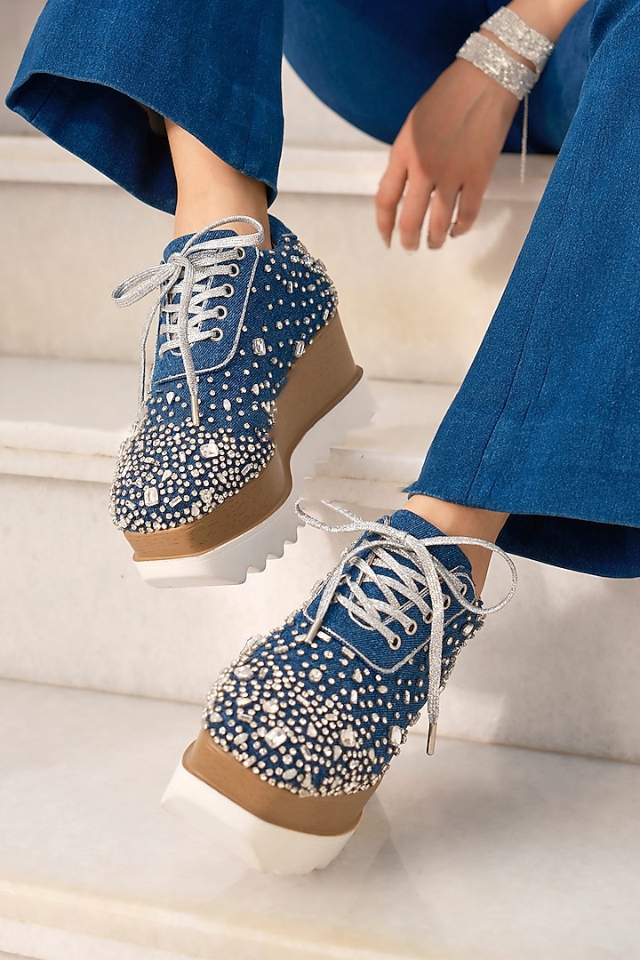 Blue Denim Hand Embroidered Sneakers by Anaar at Pernia's Pop Up Shop