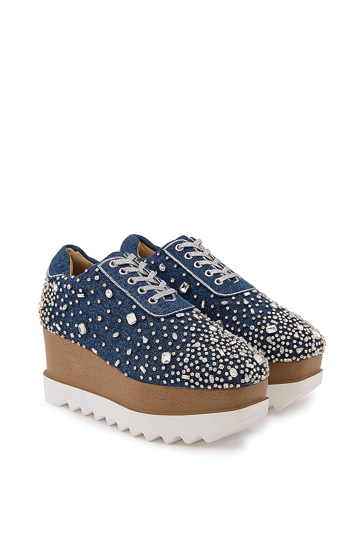 Blue Denim Hand Embroidered Sneakers by Anaar at Pernia's Pop Up Shop