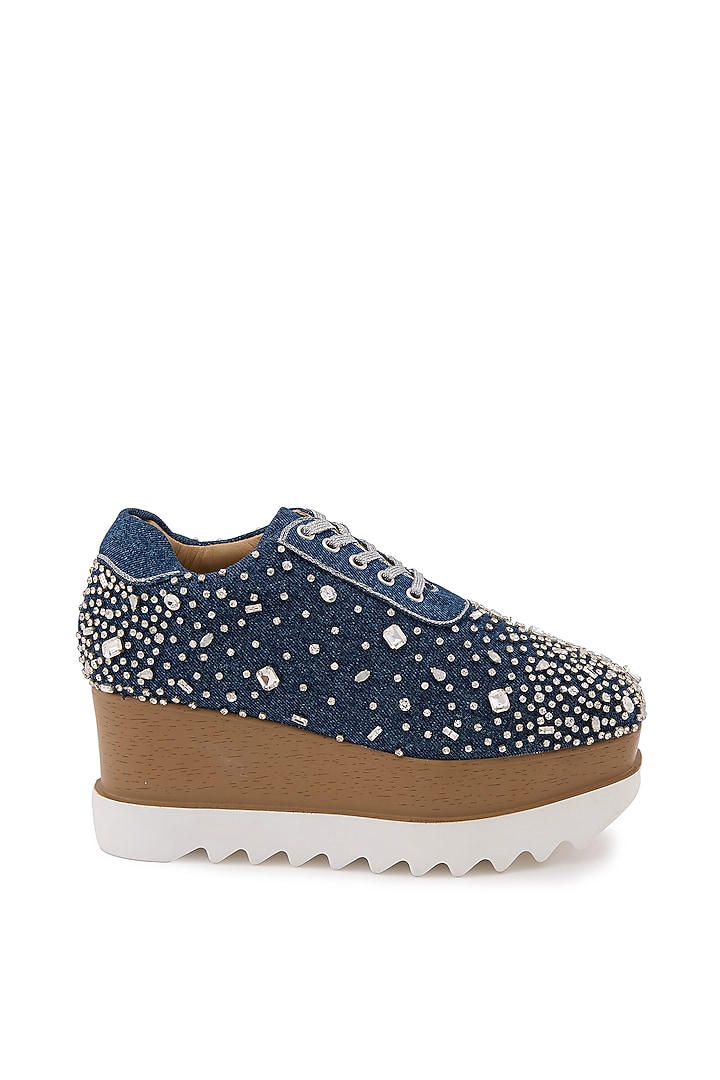 Blue Denim Hand Embroidered Sneakers by Anaar at Pernia's Pop Up Shop