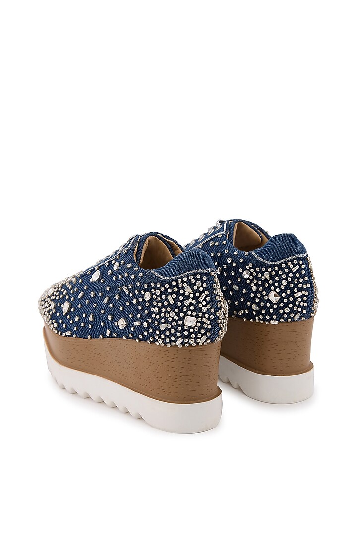Blue Denim Hand Embroidered Sneakers by Anaar at Pernia's Pop Up Shop