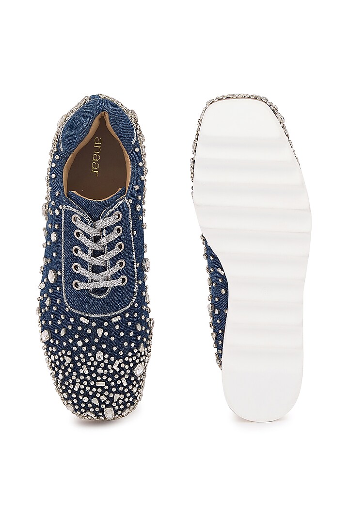 Blue Denim Hand Embroidered Sneakers by Anaar at Pernia's Pop Up Shop