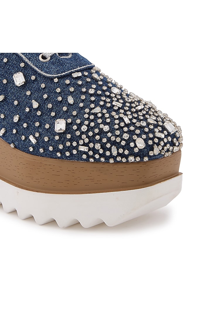 Blue Denim Hand Embroidered Sneakers by Anaar at Pernia's Pop Up Shop