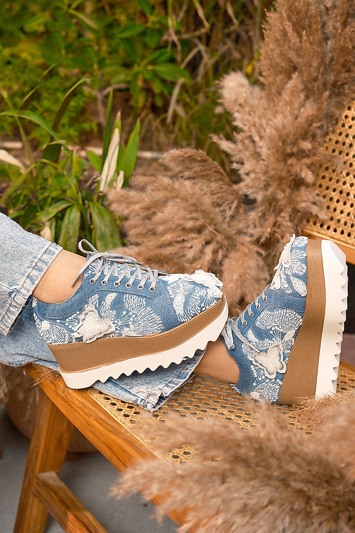 Blue Denim Hand Embroidered Sneakers by Anaar at Pernia's Pop Up Shop