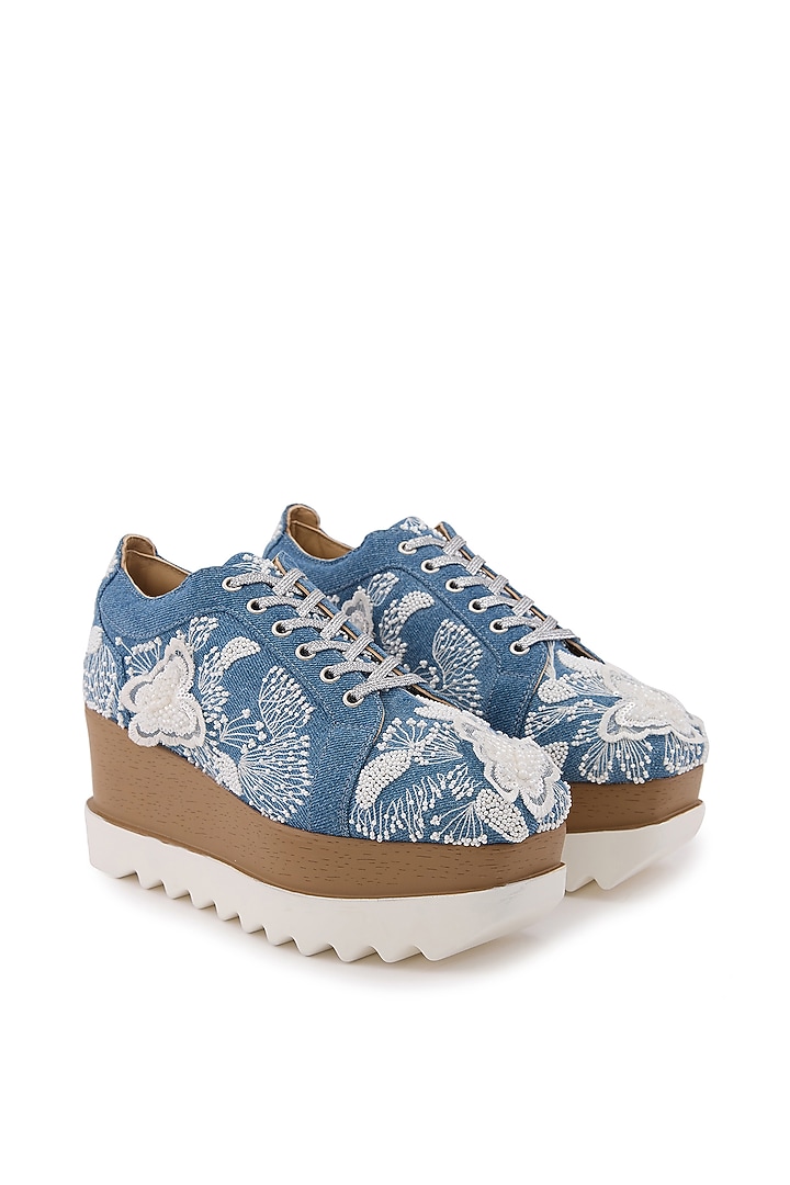 Blue Denim Hand Embroidered Sneakers by Anaar at Pernia's Pop Up Shop