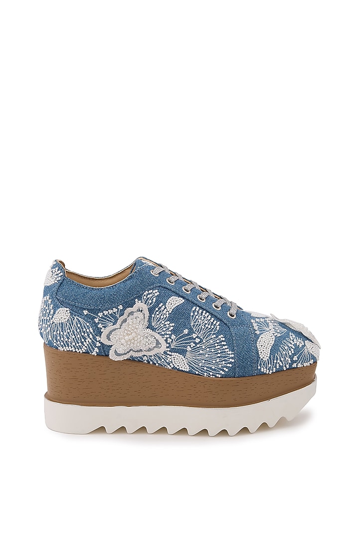 Blue Denim Hand Embroidered Sneakers by Anaar at Pernia's Pop Up Shop