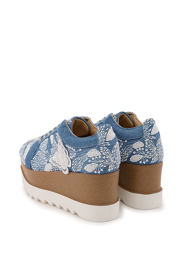 Blue Denim Hand Embroidered Sneakers by Anaar at Pernia's Pop Up Shop