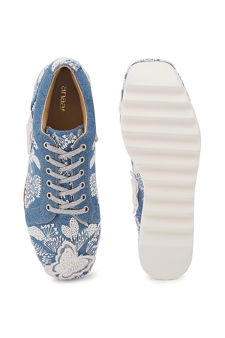 Blue Denim Hand Embroidered Sneakers by Anaar at Pernia's Pop Up Shop