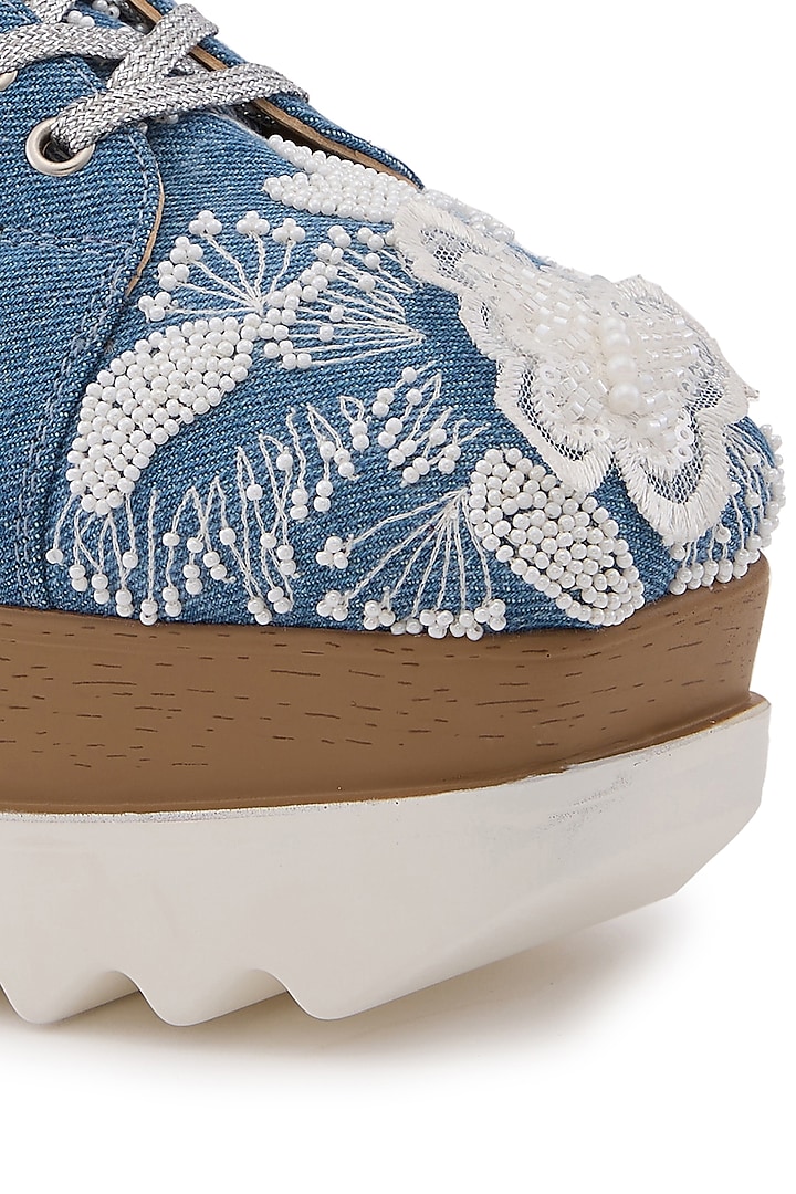 Blue Denim Hand Embroidered Sneakers by Anaar at Pernia's Pop Up Shop