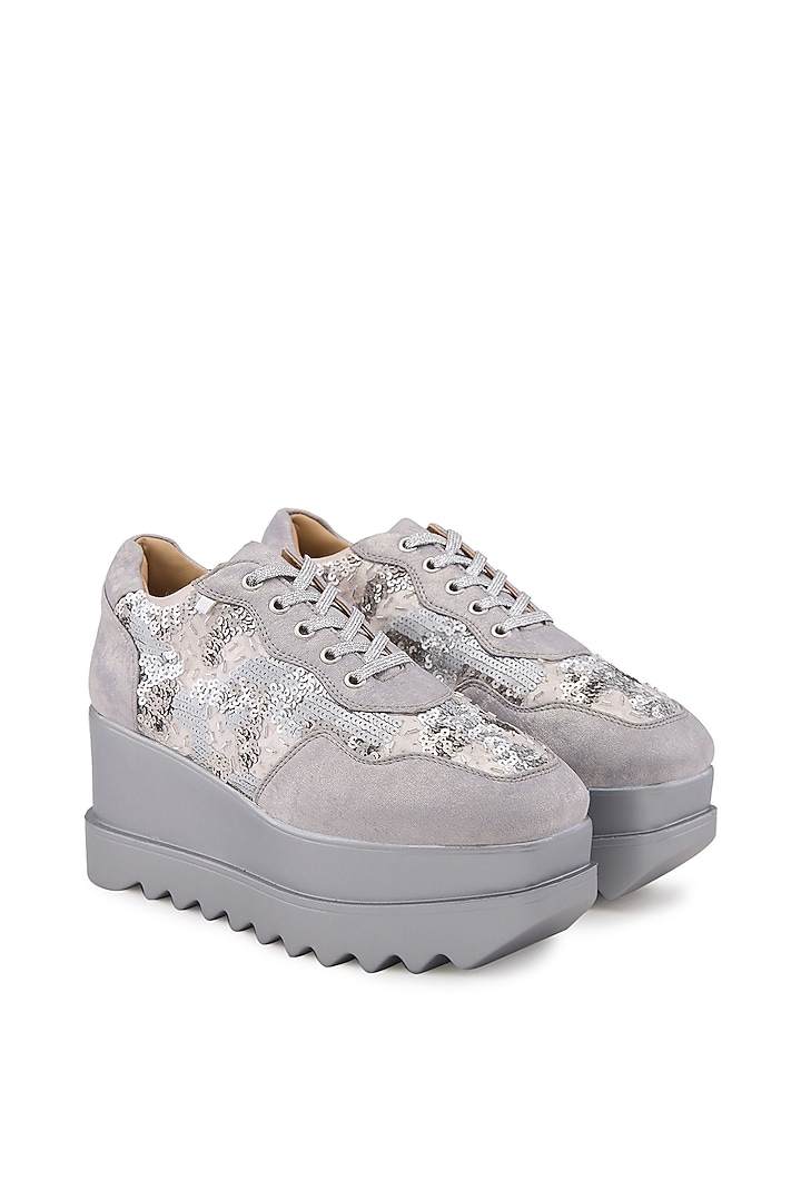 Silver Satin Hand Embroidered Sneakers by Anaar at Pernia's Pop Up Shop