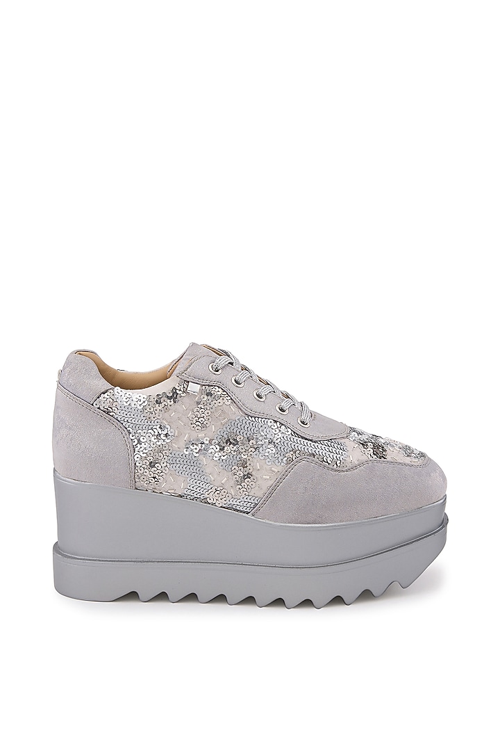 Silver Satin Hand Embroidered Sneakers by Anaar at Pernia's Pop Up Shop