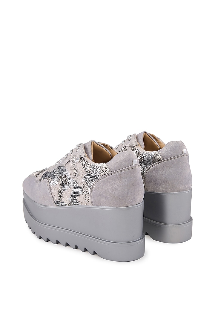 Silver Satin Hand Embroidered Sneakers by Anaar at Pernia's Pop Up Shop
