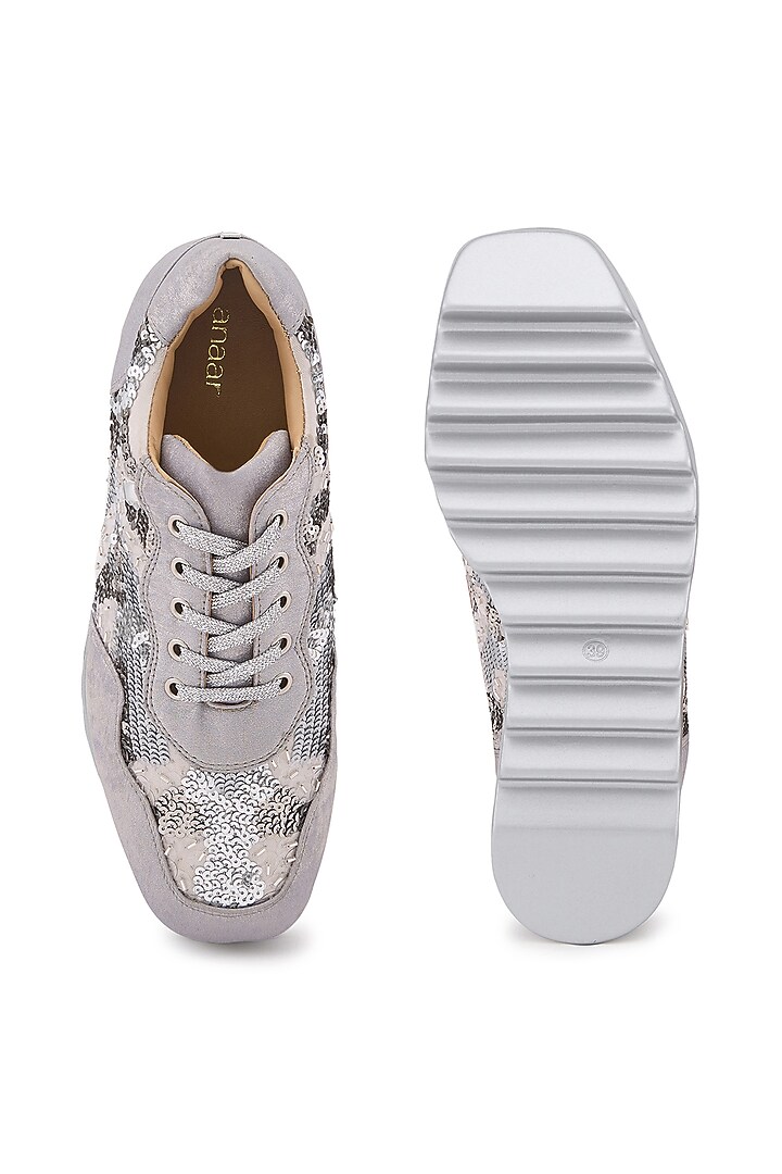 Silver Satin Hand Embroidered Sneakers by Anaar at Pernia's Pop Up Shop