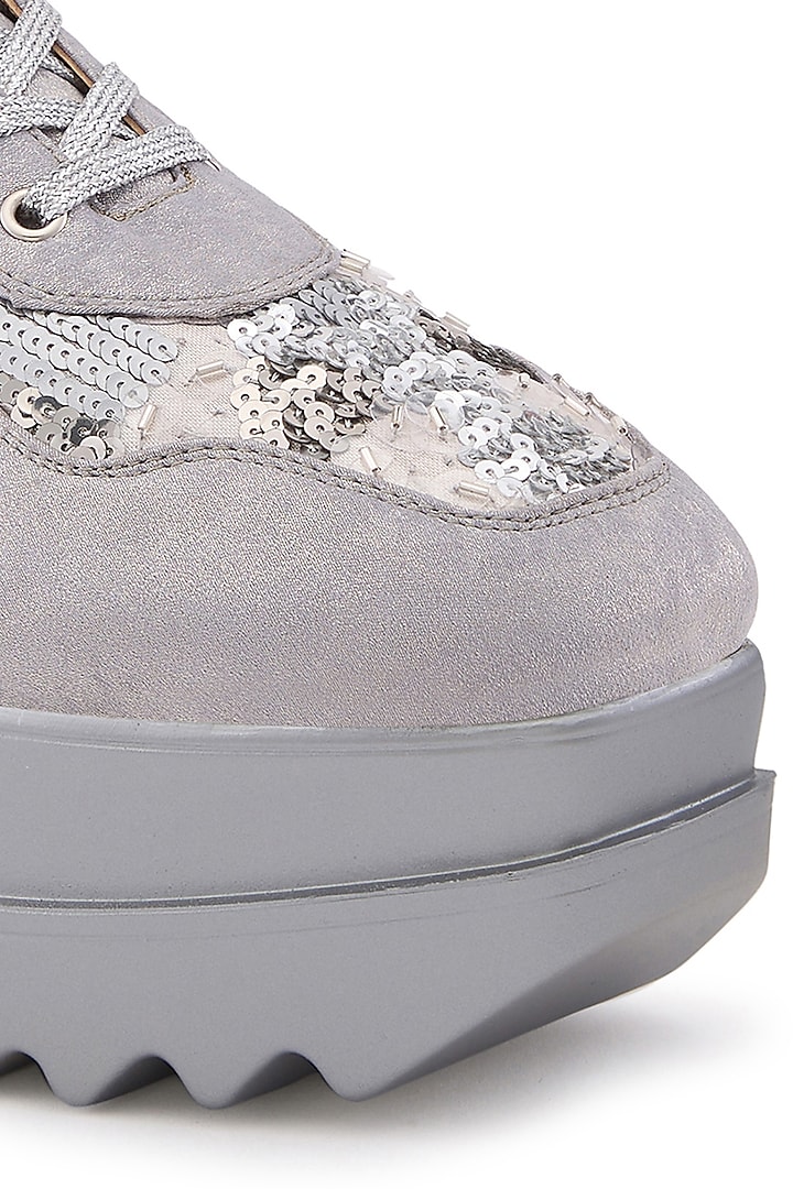 Silver Satin Hand Embroidered Sneakers by Anaar at Pernia's Pop Up Shop