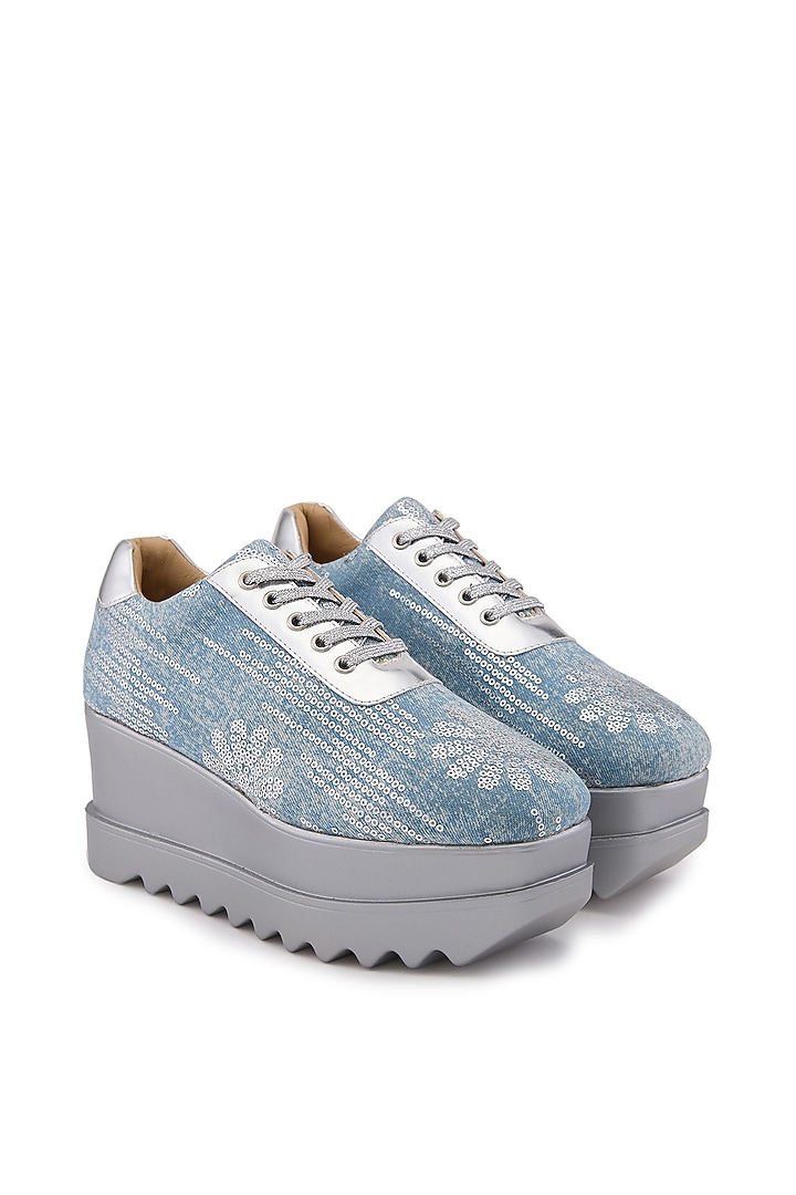 Blue Denim Hand Embroidered Sneakers by Anaar at Pernia's Pop Up Shop