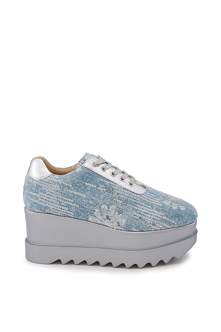 Blue Denim Hand Embroidered Sneakers by Anaar at Pernia's Pop Up Shop