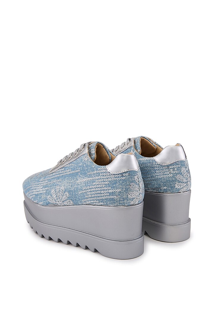 Blue Denim Hand Embroidered Sneakers by Anaar at Pernia's Pop Up Shop