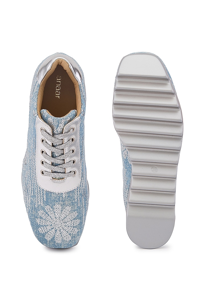 Blue Denim Hand Embroidered Sneakers by Anaar at Pernia's Pop Up Shop